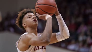 BLOOMINGTON, IN - MARCH 02: Romeo Langford #0 of the Indiana Hoosiers shoots a free throw during the game against the Michigan State Spartans at Assembly Hall on March 2, 2019 in Bloomington, Indiana. (Photo by Michael Hickey/Getty Images)