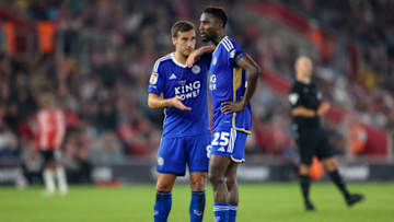 SOUTHAMPTON, ENGLAND - SEPTEMBER 15: Harry Winks (L) talks to Wilfred Ndidi of Leicester City during the Sky Bet Championship match between Southampton FC and Leicester City at Friends Provident St. Mary's Stadium on September 15, 2023 in Southampton, England. (Photo by Robin Jones/Getty Images)