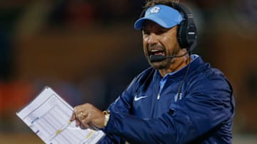 CHAMPAIGN, IL - SEPTEMBER 10: Head coach Larry Fedora of the North Carolina Tar Heels protests a call during the game against the Illinois Fighting Illini at Memorial Stadium on September 10, 2016 in Champaign, Illinois. North Carolina defeated Illinois 48-23. (Photo by Michael Hickey/Getty Images)
