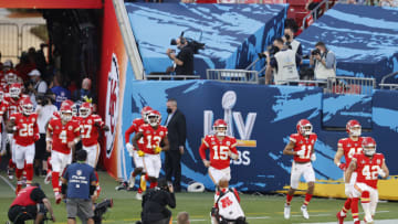 Feb 7, 2020; Tampa, FL, USA; Kansas City Chiefs quarterback Patrick Mahomes (15) runs out to the field with teammates before Super Bowl LV against the Tampa Bay Buccaneers at Raymond James Stadium. Mandatory Credit: Kim Klement-USA TODAY Sports