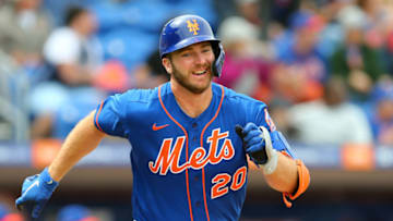 PORT ST. LUCIE, FL - MARCH 08: Pete Alonso #20 of the New York Mets in action against the Houston Astros during a spring training baseball game at Clover Park on March 8, 2020 in Port St. Lucie, Florida. The Mets defeated the Astros 3-1. (Photo by Rich Schultz/Getty Images)