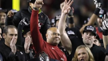 Dec 5, 2015; Santa Clara, CA, USA; Stanford Cardinal head coach David Shaw celebrates after the Cardinal defeated the Southern California Trojans 41-22 in the Pac-12 Conference football championship game at Levi