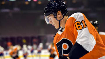 PHILADELPHIA, PA - SEPTEMBER 17: Philadelphia Flyers defenseman Philippe Myers (61) warms up before the NHL Preseason game between the New York Islanders and the Philadelphia Flyers on September 17, 2018 at the Wells Fargo Center in Philadelphia PA. (Photo by Gavin Baker/Icon Sportswire via Getty Images)