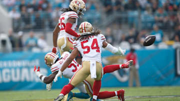 Josh Norman #26, Fred Warner #54 and Azeez Al-Shaair #51 of the San Francisco 49ers (Photo by Michael Zagaris/San Francisco 49ers/Getty Images)