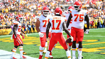 PITTSBURGH, PA - SEPTEMBER 16: Chris Conley #17 of the Kansas City Chiefs celebrates with Cameron Erving #75 after a 15 yard touchdown reception in the first quarter during the game against the Pittsburgh Steelers at Heinz Field on September 16, 2018 in Pittsburgh, Pennsylvania. (Photo by Joe Sargent/Getty Images)