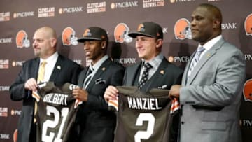 May 9, 2014; Berea, OH, USA; Cleveland Browns first round draft picks Justin Gilbert (Oklahoma State) and Johnny Manziel (Texas A&M) are introduced to the media with head coach Mike Pettine (left) and general Manager Ray Farmer (left) at the Cleveland Browns Headquarters. Mandatory Credit: Joe Maiorana-USA TODAY Sports