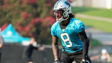 Jul 29, 2021; Charlotte, North Carolina, USA; Carolina Panthers cornerback Jaycee Horn (8) runs a drill during the Carolina Panthers Training Camp at Wofford College in Spartanburg, SC. Mandatory Credit: Jim Dedmon-USA TODAY Sports