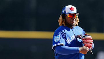 DUNEDIN, FLORIDA - MARCH 06: Vladimir Guerrero Jr. #27 of the Toronto Blue Jays in action against the Philadelphia Phillies during the Grapefruit League spring training game at Dunedin Stadium on March 06, 2019 in Dunedin, Florida. (Photo by Michael Reaves/Getty Images)