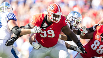 ATHENS, GA - OCTOBER 16: Jordan Davis #99 moves towards a tackle during a game between Kentucky Wildcats and Georgia Bulldogs at Sanford Stadium on October 16, 2021 in Athens, Georgia. (Photo by Steven Limentani/ISI Photos/Getty Images)