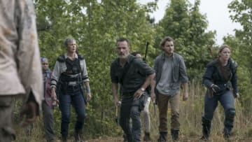 Melissa McBride as Carol Peletier, Andrew Lincoln as Rick Grimes, Callan McAuliffe as Alden, Kerry Cahill as Dianne - The Walking Dead _ Season 9, Episode 2 - Photo Credit: Jackson Lee Davis/AMC