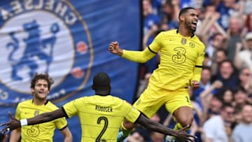 Chelsea's English midfielder Ruben Loftus-Cheek (R) celebrates with teammates after scoring the opening goal of the English FA Cup semi-final football match between Chelsea and Crystal Palace at Wembley Stadium in north west London on April 17, 2022. - - NOT FOR MARKETING OR ADVERTISING USE / RESTRICTED TO EDITORIAL USE (Photo by Glyn KIRK / AFP) / NOT FOR MARKETING OR ADVERTISING USE / RESTRICTED TO EDITORIAL USE (Photo by GLYN KIRK/AFP via Getty Images)