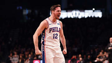 NEW YORK, NY - MARCH 11: T.J. McConnell #12 of the Philadelphia 76ers celebrates during the game against the Brooklyn Nets at Barclays Center on March 11, 2018 in the Brooklyn borough of New York City. NOTE TO USER: User expressly acknowledges and agrees that, by downloading and or using this photograph, User is consenting to the terms and conditions of the Getty Images License Agreement. (Photo by Matteo Marchi/Getty Images) *** Local Caption *** T.J. McConnell