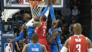 OKLAHOMA CITY, OK - NOVEMBER 8: Nerlens Noel #3 of the Oklahoma City Thunder and Patrick Patterson #54 of the Oklahoma City Thunder block Carmelo Anthony #7 of the Houston Rockets as he tries to shoot two points during the first half of a NBA game at the Chesapeake Energy Arena on November 8, 2018 in Oklahoma City, Oklahoma. NOTE TO USER: User expressly acknowledges and agrees that, by downloading and or using this photograph, User is consenting to the terms and conditions of the Getty Images License Agreement. (Photo by J Pat Carter/Getty Images)