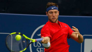 ATLANTA, GA - JULY 28: Jack Sock returns a forehand to Kyle Edmund of Great Britain during the BB&T Atlanta Open at Atlantic Station on July 28, 2017 in Atlanta, Georgia. (Photo by Kevin C. Cox/Getty Images)