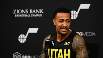 SALT LAKE CITY, UTAH - OCTOBER 02: John Collins #20 of the Utah Jazz speaks during the Utah Jazz Media Day at Zions Bank Basketball Campus on October 02, 2023 in Salt Lake City, Utah. NOTE TO USER: User expressly acknowledges and agrees that, by downloading and or using this photograph, User is consenting to the terms and conditions of the Getty Images License Agreement. (Photo by Alex Goodlett/Getty Images)