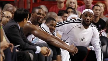 Mar 24, 2013; Miami, FL, USA; Miami Heat small forward LeBron James (6) on the bench in the fourth quarter in a game against the Charlotte Bobcats at the American Airlines Arena. The Heat won 109-77.Mandatory Credit: Robert Mayer-USA TODAY Sports