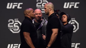 LAS VEGAS, NV - DECEMBER 29: (L-R) Opponents Daniel Cormier and Volkan Oezdemir face off during the UFC 220 press conference inside T-Mobile Arena on December 29, 2017 in Las Vegas, Nevada. (Photo by Jeff Bottari/Zuffa LLC/Zuffa LLC via Getty Images)