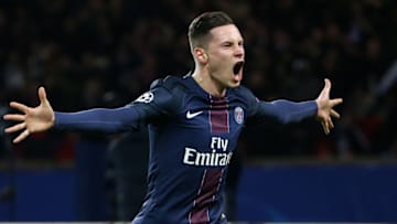 PARIS, FRANCE - FEBRUARY 14: Julian Draxler of PSG celebrates scoring the second goal of PSG during the UEFA Champions League Round of 16 first leg match between Paris Saint-Germain and FC Barcelona at Parc des Princes on February 14, 2017 in Paris, France. (Photo by Jean Catuffe/Getty Images)