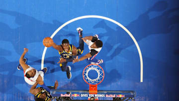 DETROIT, MI - APRIL 3: Aaron Holiday #3 of the Indiana Pacers drives to the basket during the game against the Detroit Pistons on April 3, 2019 at Little Caesars Arena in Detroit, Michigan. =(Photo by Brian Sevald/NBAE via Getty Images)
