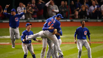 CLEVELAND, OH - NOVEMBER 02: The Chicago Cubs celebrate after winning 8-7 in Game Seven of the 2016 World Series at Progressive Field on November 2, 2016 in Cleveland, Ohio. (Photo by Gregory Shamus/Getty Images)