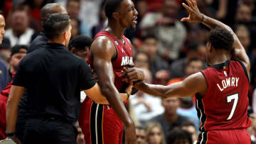 Bam Adebayo #13 of the Miami Heat reacts after being called for a technical foul against the Boston Celtics(Photo by Megan Briggs/Getty Images)