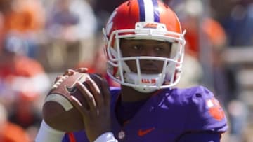 Apr 9, 2016; Clemson, SC, USA; Clemson Tigers Clemson Tigers quarterback Deshaun Watson (4) looks to pass the ball during the first quarter of the spring game at Clemson Memorial Stadium. Mandatory Credit: Joshua S. Kelly-USA TODAY Sports