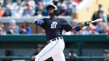 Mar 21, 2016; Lakeland, FL, USA; Detroit Tigers right fielder Justin Upton (8) at bat against the Philadelphia Phillies at Joker Marchant Stadium. Mandatory Credit: Kim Klement-USA TODAY Sports
