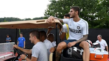 MONTCLAIR, NJ - JULY 29: Mauro Icardi (R) looks on after the FC Internazionale training session at Montclair State University on July 29, 2016 in Montclair, United States. (Photo by Claudio Villa - Inter/Inter via Getty Images)