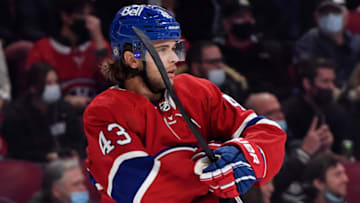 Dec 7, 2021; Montreal, Quebec, CAN; Montreal Canadiens defenseman Kale Clague (43) reacts after a goal scored by Tampa Bay Lightning forward Pat Maroon (not pictured) during the first period at the Bell Centre. Mandatory Credit: Eric Bolte-USA TODAY Sports