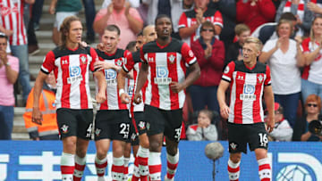 SOUTHAMPTON, ENGLAND - AUGUST 31: Jannik Vestergaard of Southampton celebrates with teammates after scoring his team's first goal during the Premier League match between Southampton FC and Manchester United at St Mary's Stadium on August 31, 2019 in Southampton, United Kingdom. (Photo by Catherine Ivill/Getty Images)