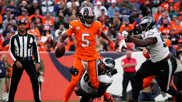 Nov 14, 2021; Denver, Colorado, USA; Philadelphia Eagles defensive end Derek Barnett (96) sacks Denver Broncos quarterback Teddy Bridgewater (5) in the second quarter at Empower Field at Mile High. Mandatory Credit: Ron Chenoy-USA TODAY Sports