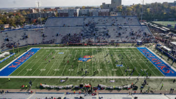 Oct 28, 2023; Lawrence, Kansas, USA; A general view of the field prior to a game between the Kansas Jayhawks and Oklahoma Sooners at David Booth Kansas Memorial Stadium. Mandatory Credit: Denny Medley-USA TODAY Sports