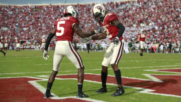 NORMAN, OK - SEPTEMBER 29: Wide receiver CeeDee Lamb #2 and wide receiver Marquise Brown #5 of the Oklahoma Sooners celebrate a touchdown against the Baylor Bears at Gaylord Family Oklahoma Memorial Stadium on September 29, 2018 in Norman, Oklahoma. Oklahoma defeated Baylor 66-33. (Photo by Brett Deering/Getty Images)