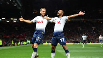 MANCHESTER, ENGLAND - AUGUST 27: Lucas Moura of Tottenham Hotspur celebrates with Harry Kane of Tottenham Hotspur after scoring his second goal and his team's third goal during the Premier League match between Manchester United and Tottenham Hotspur at Old Trafford on August 27, 2018 in Manchester, United Kingdom. (Photo by Clive Mason/Getty Images)