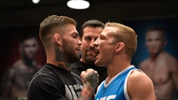 LAS VEGAS, NV - MARCH 01: (L-R) UFC bantamweight champion Cody Garbrandt and TJ Dillashaw face off during the filming of The Ultimate Fighter: Redemption at the UFC TUF Gym on March1, 2017 in Las Vegas, Nevada. (Photo by Brandon Magnus/Zuffa LLC/Zuffa LLC via Getty Images)