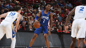 LAS VEGAS, NV - JULY 6: Shai Gilgeous-Alexander #2 of the LA Clippers handles the ball against the Golden State Warriors during the 2018 Las Vegas Summer League on July 6, 2018 at the Thomas & Mack Center in Las Vegas, Nevada. NOTE TO USER: User expressly acknowledges and agrees that, by downloading and/or using this Photograph, user is consenting to the terms and conditions of the Getty Images License Agreement. Mandatory Copyright Notice: Copyright 2018 NBAE (Photo by Garrett Ellwood/NBAE via Getty Images)