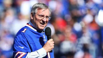 ORCHARD PARK, NY - OCTOBER 12: Terry Pegula, the new owner of the Buffalo Bills, speaks to the crowd before the first half against the New England Patriots at Ralph Wilson Stadium on October 12, 2014 in Orchard Park, New York. (Photo by Brett Carlsen/Getty Images)