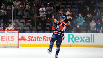 EDMONTON, AB - MARCH 4: Ales Hemsky #83 of the Edmonton Oilers salutes the crowd after being selected as the first star following the game against the Ottawa Senators on March 4, 2014 at Rexall Place in Edmonton, Alberta, Canada. (Photo by Andy Devlin/NHLI via Getty Images)