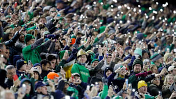 SOUTH BEND, IN - OCTOBER 12: Notre Dame Fighting Irish react at the start of the fourth quarter against the USC Trojans at Notre Dame Stadium on October 12, 2019 in South Bend, Indiana. Notre Dame defeated USC 30-27. (Photo by Joe Robbins/Getty Images)