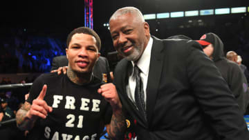 CARSON, CA - FEBRUARY 09: Gervonta Davis (red shorts) celebrates with his promoter Jim Watson after knocking out Hugo Ruiz in the first round of their WBA Super Featherweight Championships fight at StubHub Center on February 9, 2019 in Carson, California. (Photo by Jayne Kamin-Oncea/Getty Images)