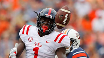 AUBURN, AL - OCTOBER 07: A.J. Brown #1 of the Mississippi Rebels fails to pull in this reception against Tray Matthews #28 of the Auburn Tigers at Jordan Hare Stadium on October 7, 2017 in Auburn, Alabama. (Photo by Kevin C. Cox/Getty Images)