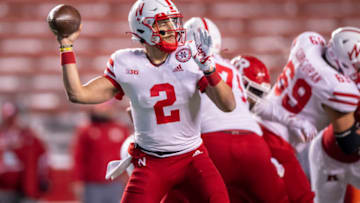 PISCATAWAY, NJ - DECEMBER 18: Adrian Martinez #2 of the Nebraska Cornhuskers prepares to throw the ball during a regular season game against the Rutgers Scarlet Knights at SHI Stadium on December 18, 2020 in Piscataway, New Jersey. (Photo by Benjamin Solomon/Getty Images)