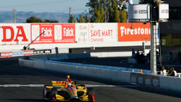 SONOMA, CA - SEPTEMBER 16: Ryan Hunter-Reay driver of the #28 Andretti Autosport Honda crosses the finish line to win the Verizon IndyCar Series Sonoma Grand Prix at Sonoma Raceway on September 16, 2018 in Sonoma, California. (Photo by Robert Laberge/Getty Images)