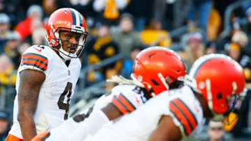 PITTSBURGH, PENNSYLVANIA - JANUARY 08: Deshaun Watson #4 of the Cleveland Browns looks on during the second half of the game against the Pittsburgh Steelers at Acrisure Stadium on January 08, 2023 in Pittsburgh, Pennsylvania. (Photo by Justin K. Aller/Getty Images)