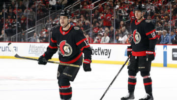 Alex DeBrincat #12 and Tim Stützle #18 of the Ottawa Senators. (Photo by Sarah Stier/Getty Images)