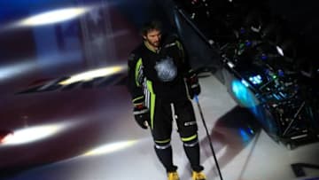 Jan 25, 2015; Columbus, OH, USA; Team Foligno forward Alex Ovechkin (8) of the Washington Capitals is introduced before the 2015 NHL All Star Game at Nationwide Arena. Mandatory Credit: Andrew Weber-USA TODAY Sports