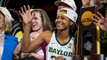 TAMPA, FL - APRIL 07: Most Valuable Player Baylor guard Chloe Jackson (24) poses with the Championship Trophy after winning the NCAA Division I Women's National Championship Game against the the Notre Dame Fighting Irish on April 07, 2019, at Amalie Arena in Tampa, Florida. (Photo by Mary Holt/Icon Sportswire via Getty Images)