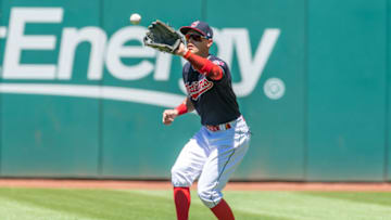 CLEVELAND, OH - JULY 8: Right fielder Brandon Guyer #6 of the Cleveland Indians catches a line drive hit by Stephen Piscotty #25 of the Oakland Athletics to end the top of the third inning at Progressive Field on July 8, 2018 in Cleveland, Ohio. (Photo by Jason Miller/Getty Images)