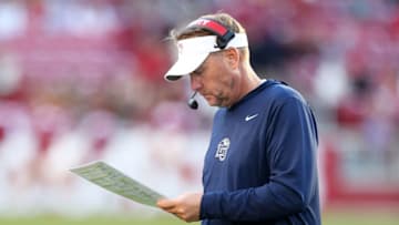 Auburn footballNov 5, 2022; Fayetteville, Arkansas, USA; Liberty Flames head coach Hugh Freeze during the second half against the Arkansas Razorbacks at Donald W. Reynolds Razorback Stadium. Liberty won 21-19. Mandatory Credit: Nelson Chenault-USA TODAY Sports