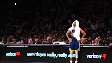 LOS ANGELES, CALIFORNIA - OCTOBER 14: Stephen Curry #30 of the Golden State Warriors waits to check back into the game during the first half against the Los Angeles Lakers at Staples Center on October 14, 2019 in Los Angeles, California. (Photo by Harry How/Getty Images)